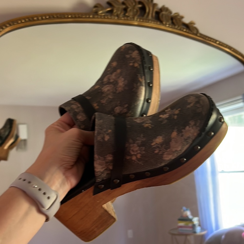 Free People Floral Leather Clogs in Black and Pink - Picture 11 of 15